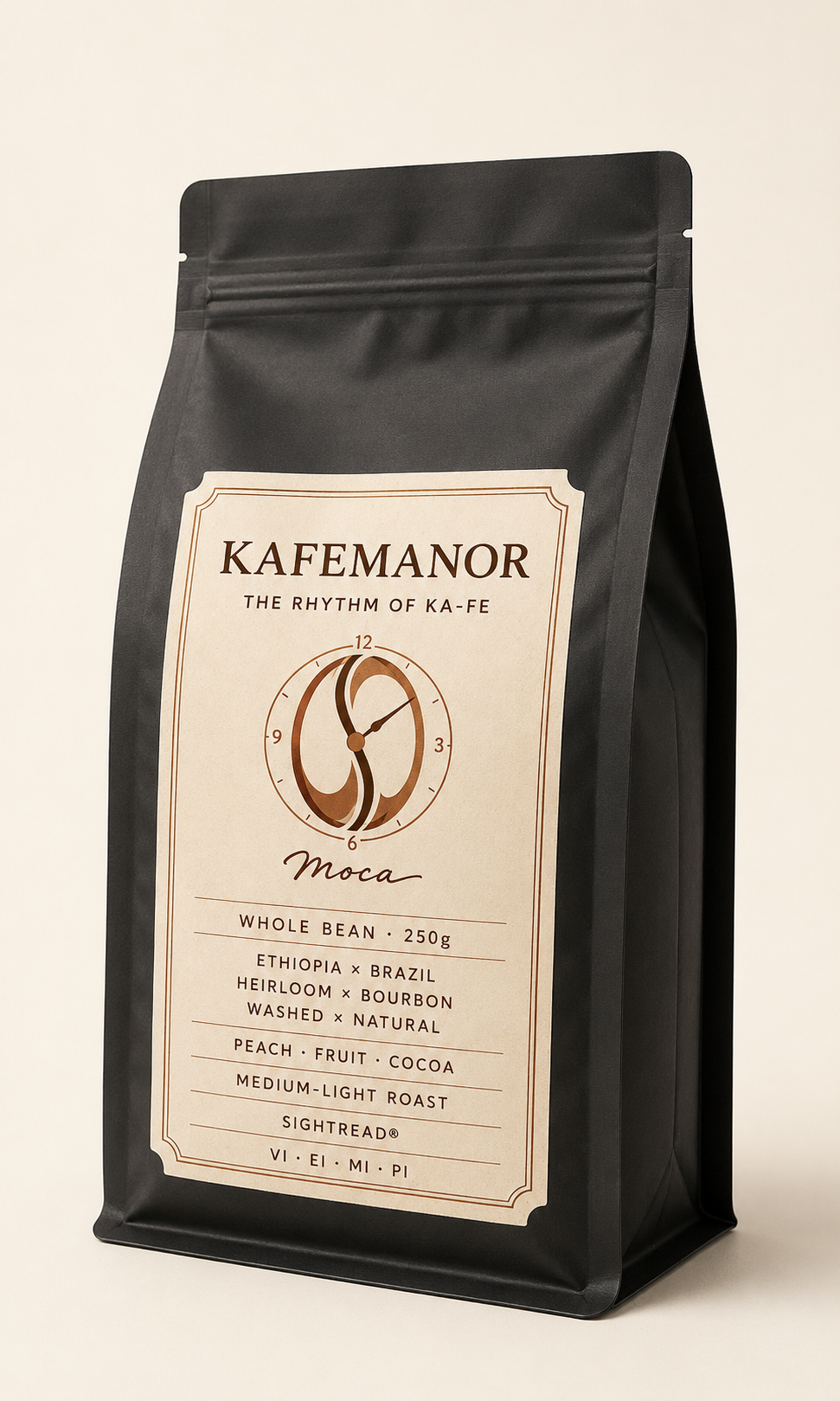 KAFEMANOR The Rhythm of KA-FE Moca whole bean 250g coffee bag — front three-quarter view