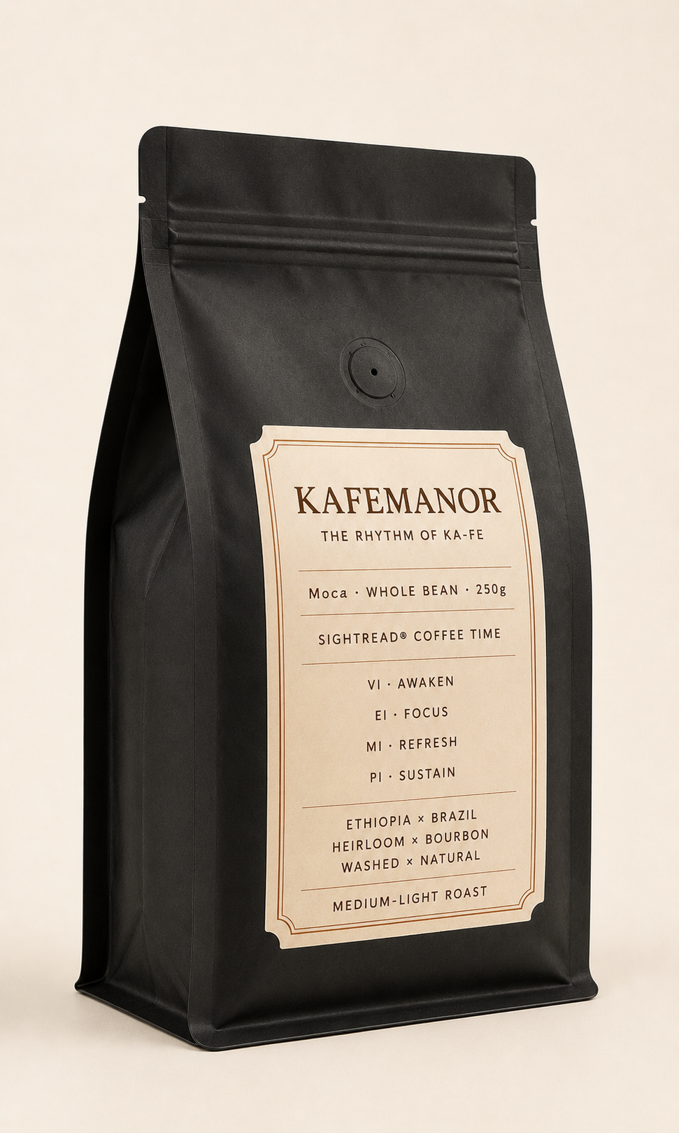 KAFEMANOR The Rhythm of KA-FE Moca whole bean 250g coffee bag — rear three-quarter view with degassing valve