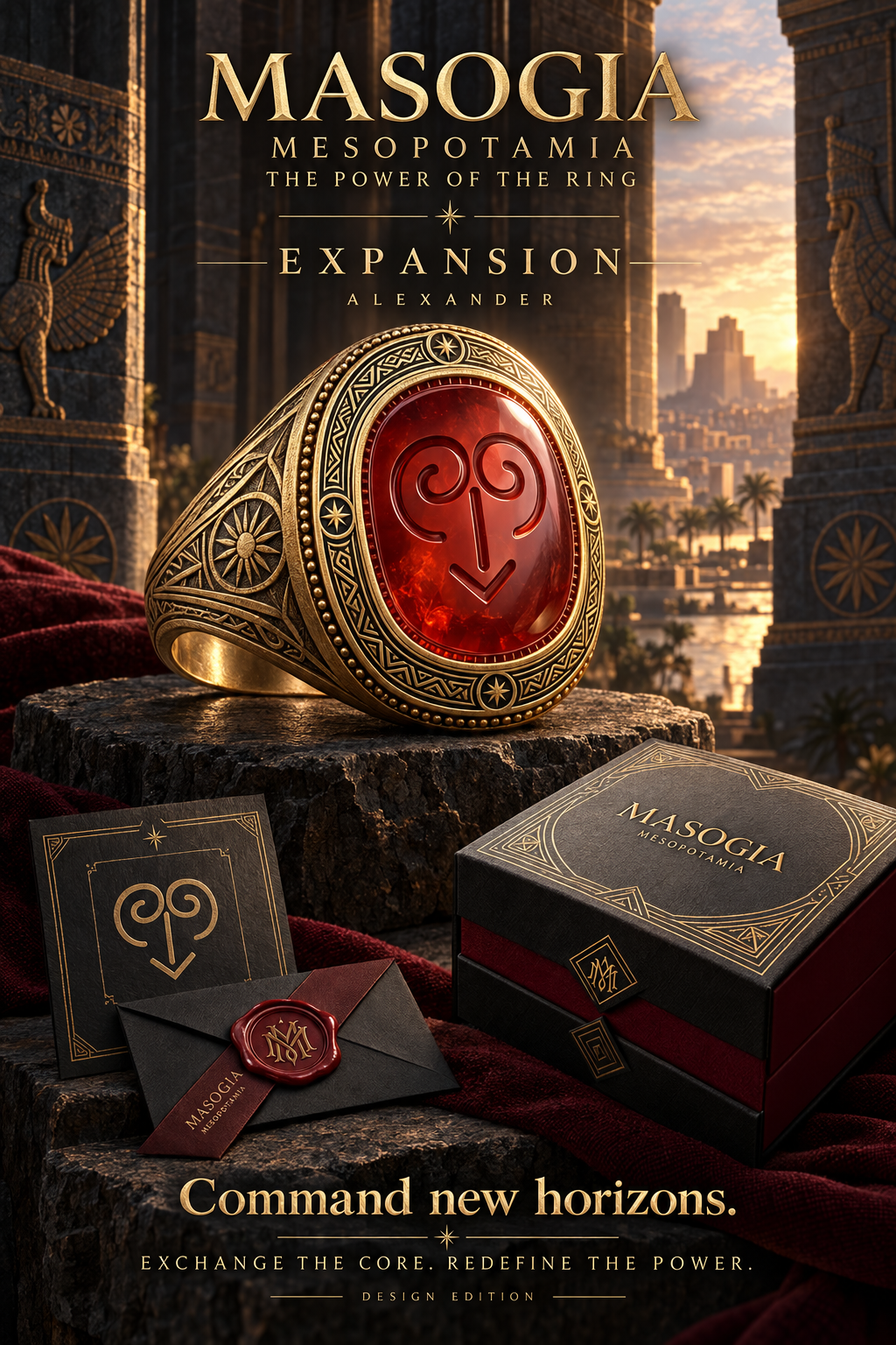 MASOGIA EXPANSION — Alexander-inspired power signet ring and black-oxblood presentation box; design render.