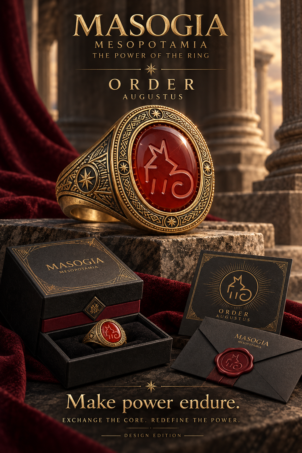 MASOGIA augustus power signet ring, signature packaging and presentation artwork — design render.