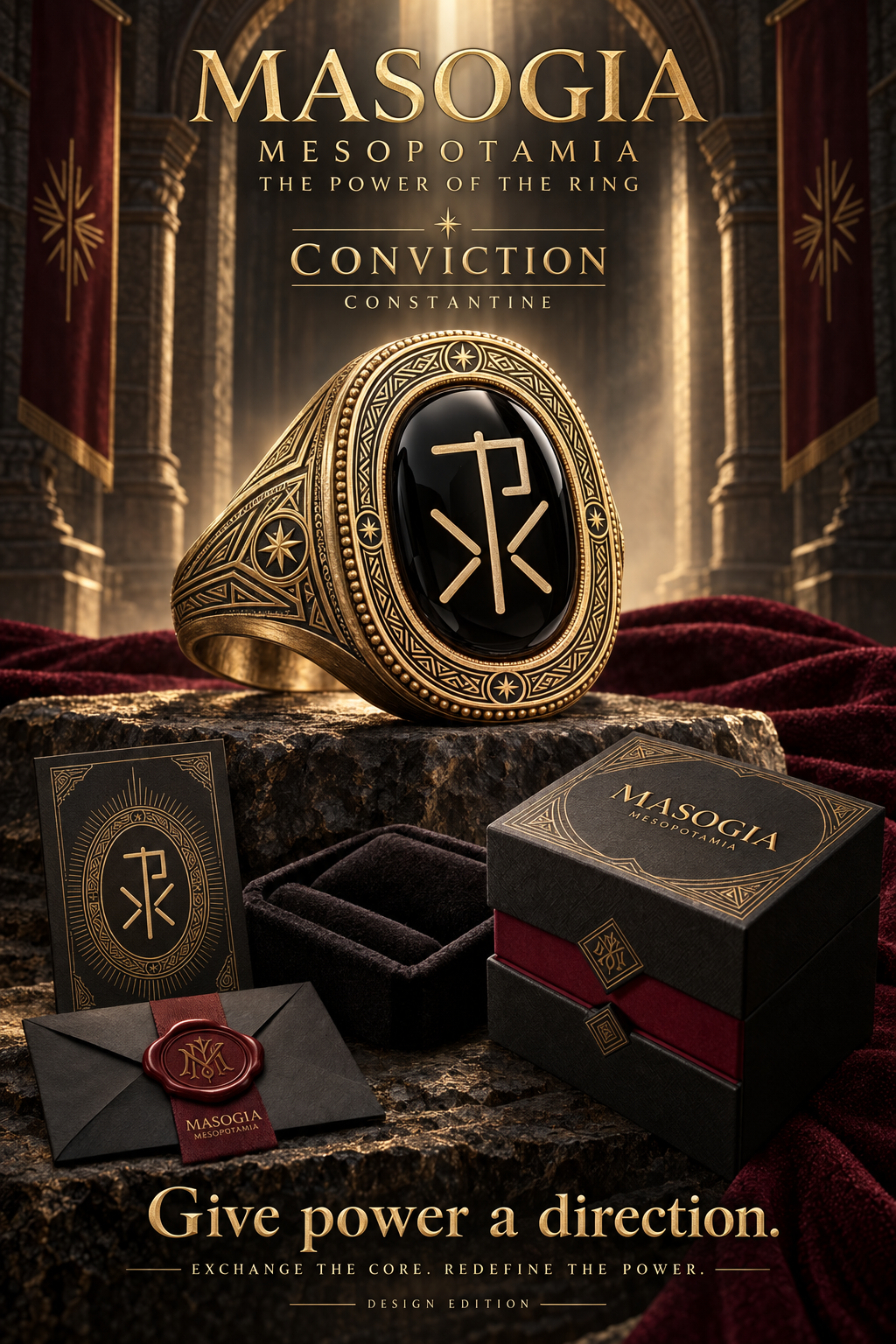 MASOGIA constantine power signet ring, signature packaging and presentation artwork — design render.