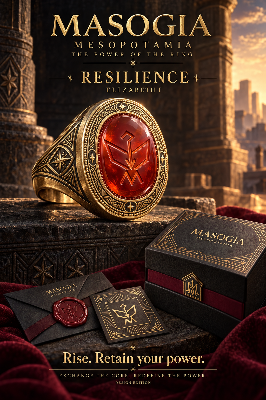 MASOGIA elizabeth power signet ring, signature packaging and presentation artwork — design render.