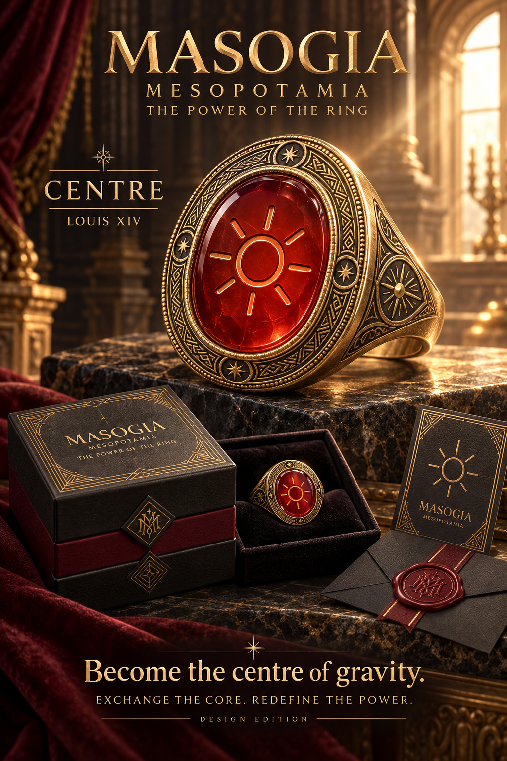 MASOGIA louis power signet ring, signature packaging and presentation artwork — design render.