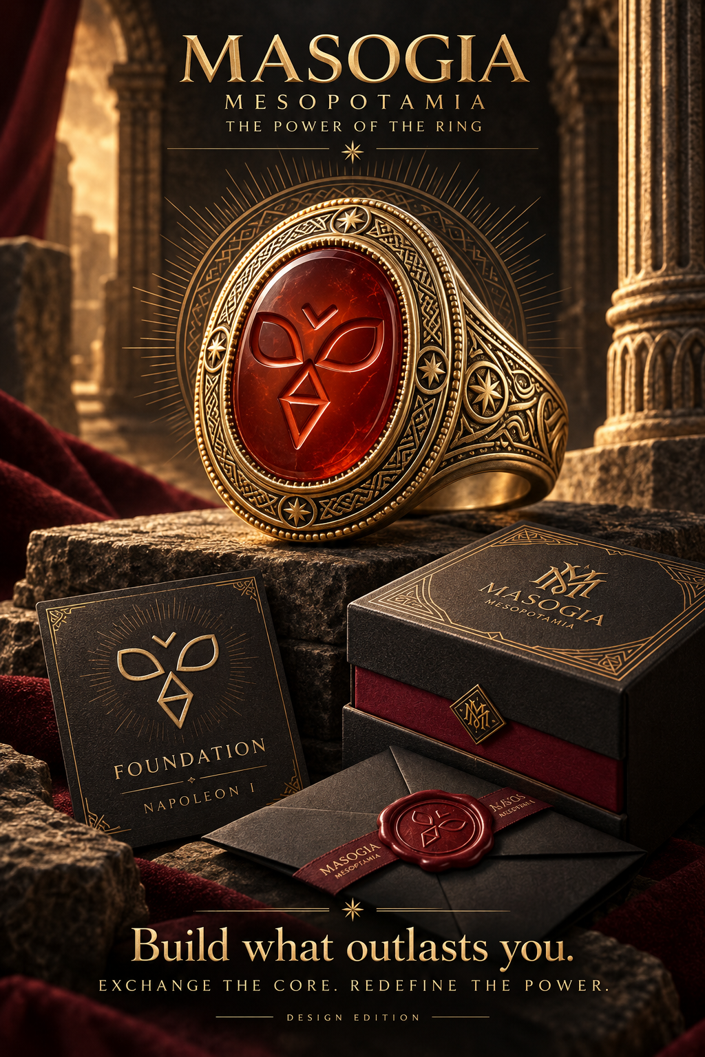 MASOGIA napoleon power signet ring, signature packaging and presentation artwork — design render.