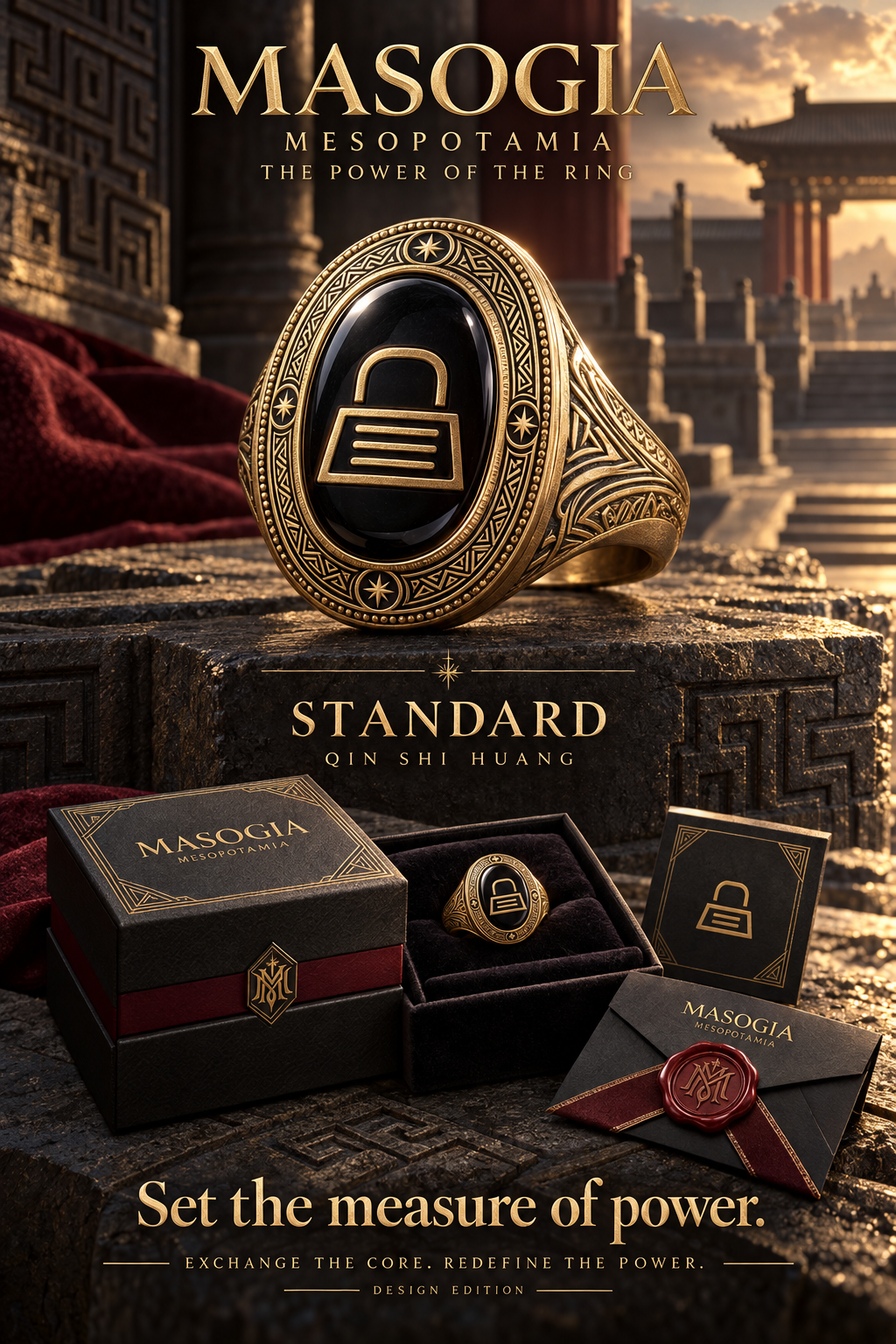 MASOGIA qin power signet ring, signature packaging and presentation artwork — design render.