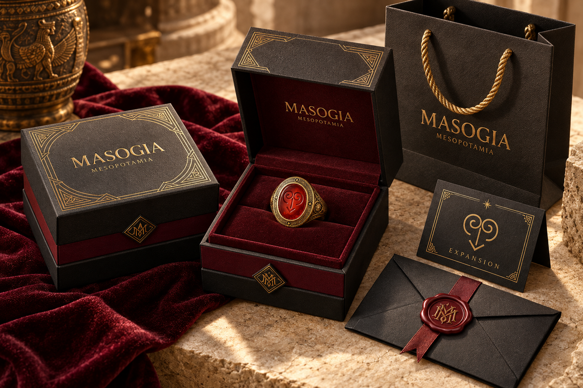 MASOGIA signature packaging concept, shown with the EXPANSION edition: gift box, velvet ring cradle, story card, sealed envelope and bag.