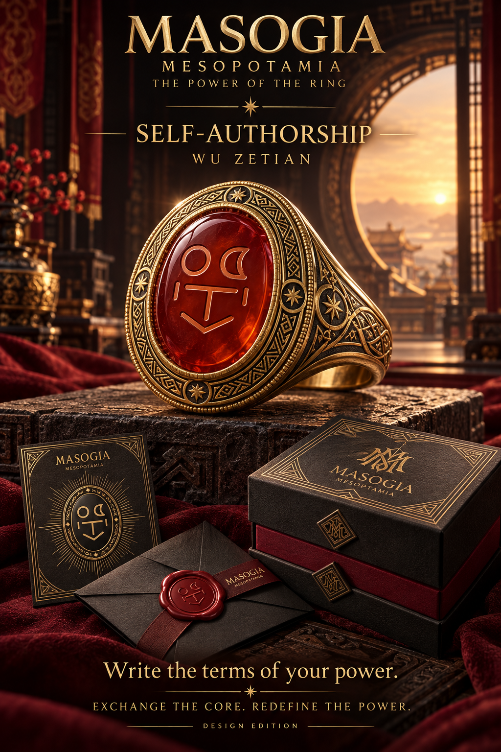 MASOGIA wu power signet ring, signature packaging and presentation artwork — design render.