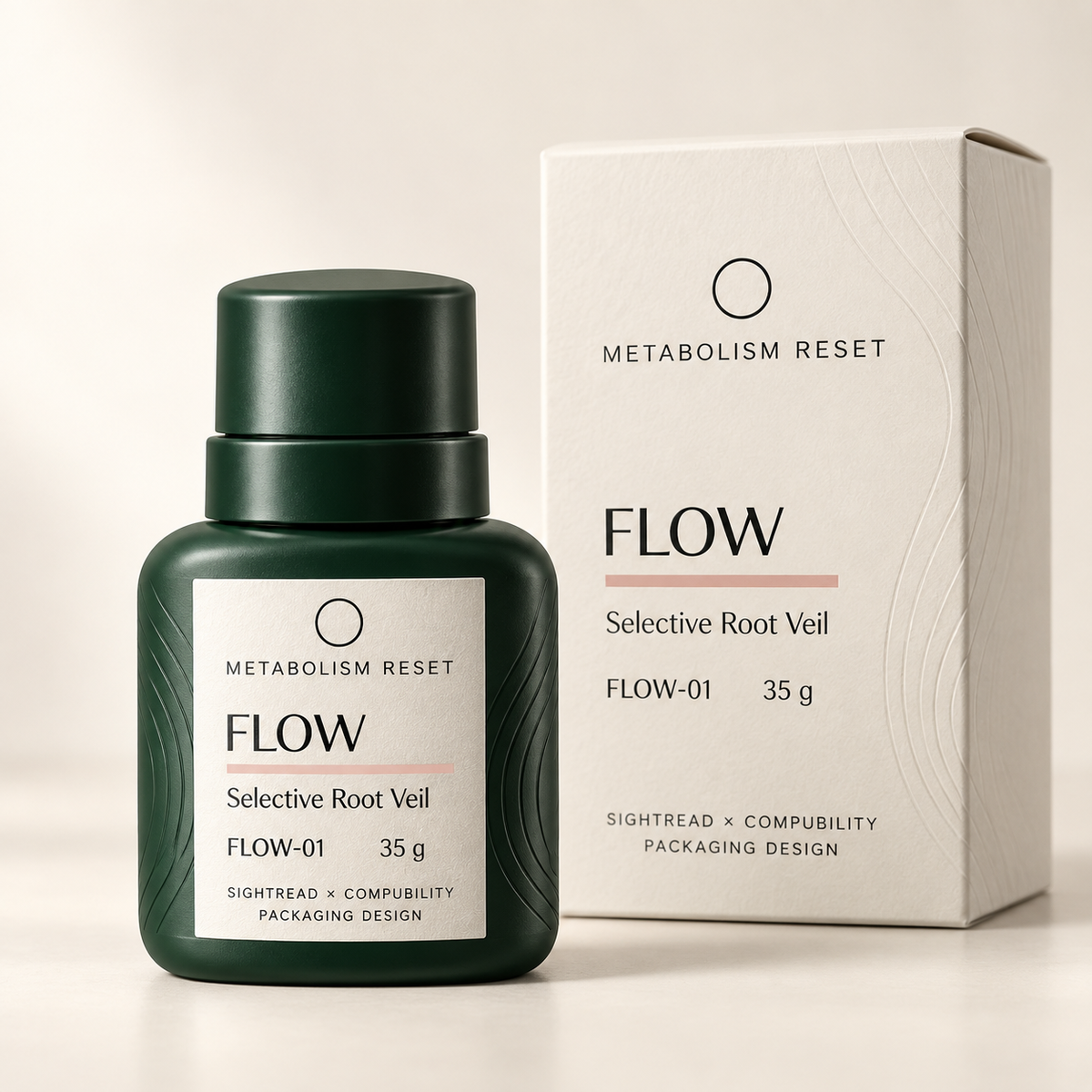 METABOLISM RESET FLOW-01 Selective Root Veil 35 g · 瓶身與單品盒設計
