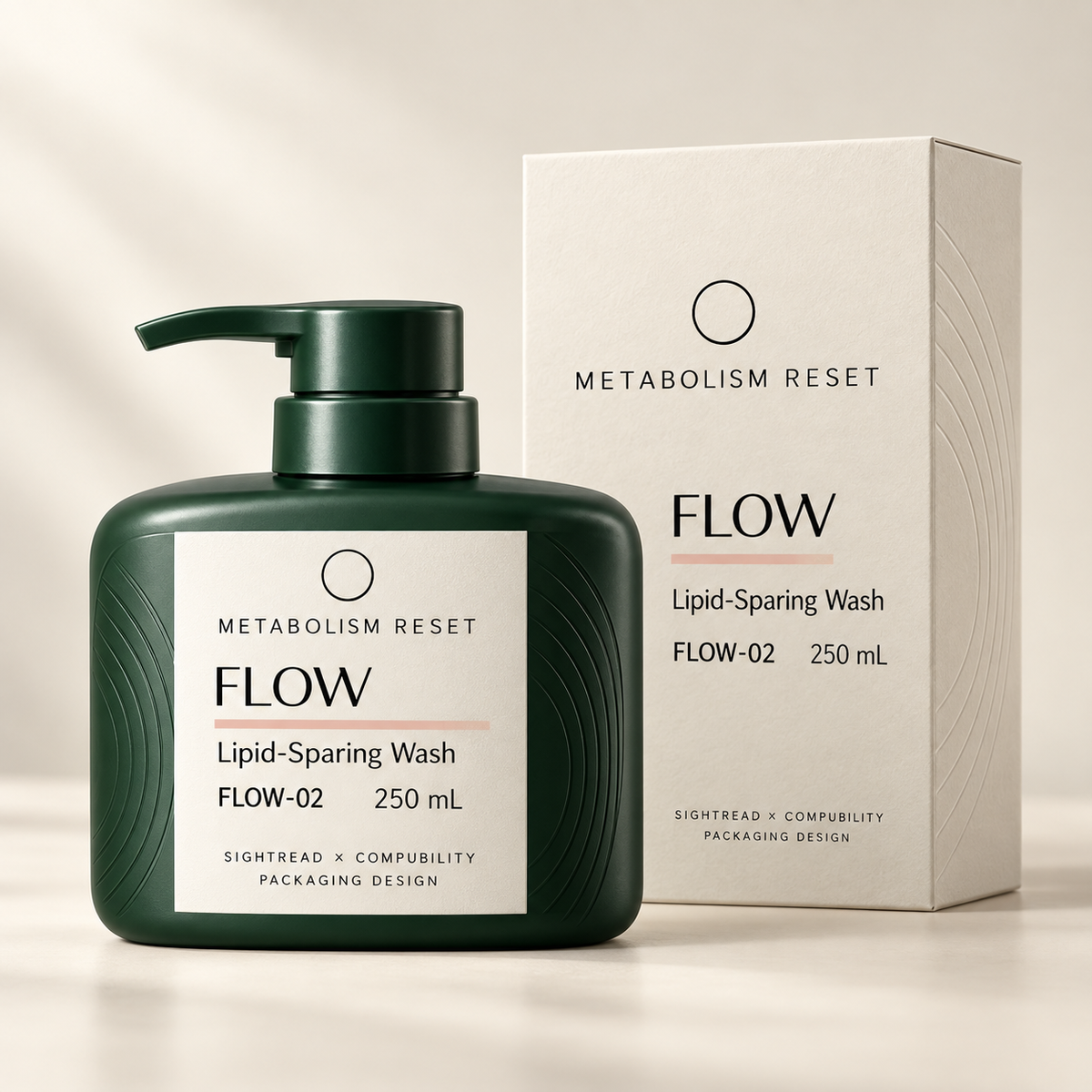 METABOLISM RESET FLOW-02 Lipid-Sparing Wash 250 mL · 瓶身與單品盒設計