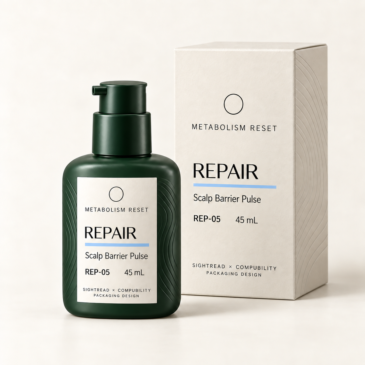 METABOLISM RESET REP-05 Scalp Barrier Pulse 45 mL · 瓶身與單品盒設計