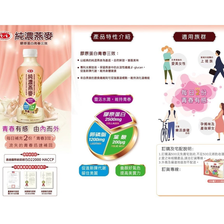 TAIWAN - FUNCTIONAL OAT DRINK (COLLAGEN BEAUTY PLUS) - 愛之味純濃燕麥(膠原蛋白青春三效) 290mlx6bottles