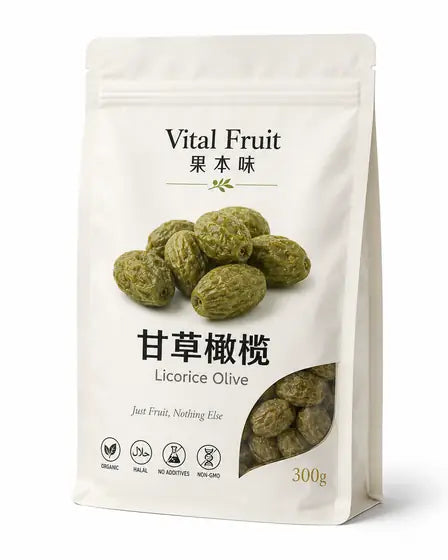 Vital Fruit 果本味【包裝設計提案】甘草橄欖 Licorice Olive 300g 立袋正面；未生產，袋面認證圖示為設計佔位